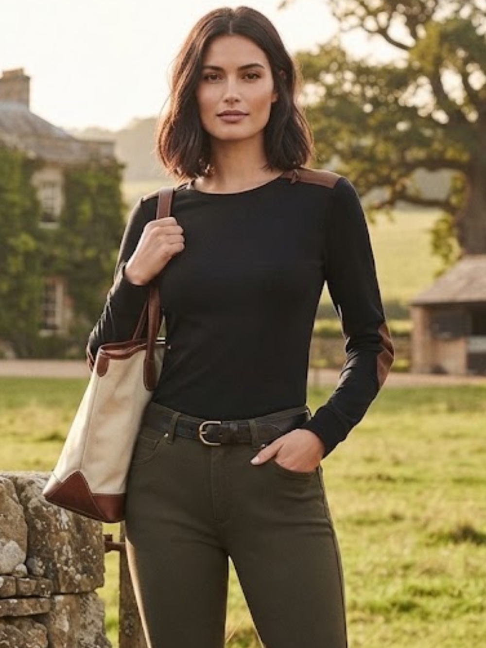 NWOT Lauren Ralph Lauren Black Long Sleeve Top Brown Suede Elbow Patches n Trim